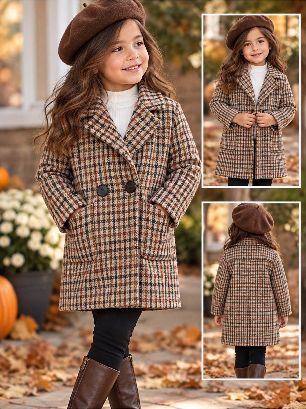 Zara Girls' Wool Brown Plaid Double-Breasted Pea Coat